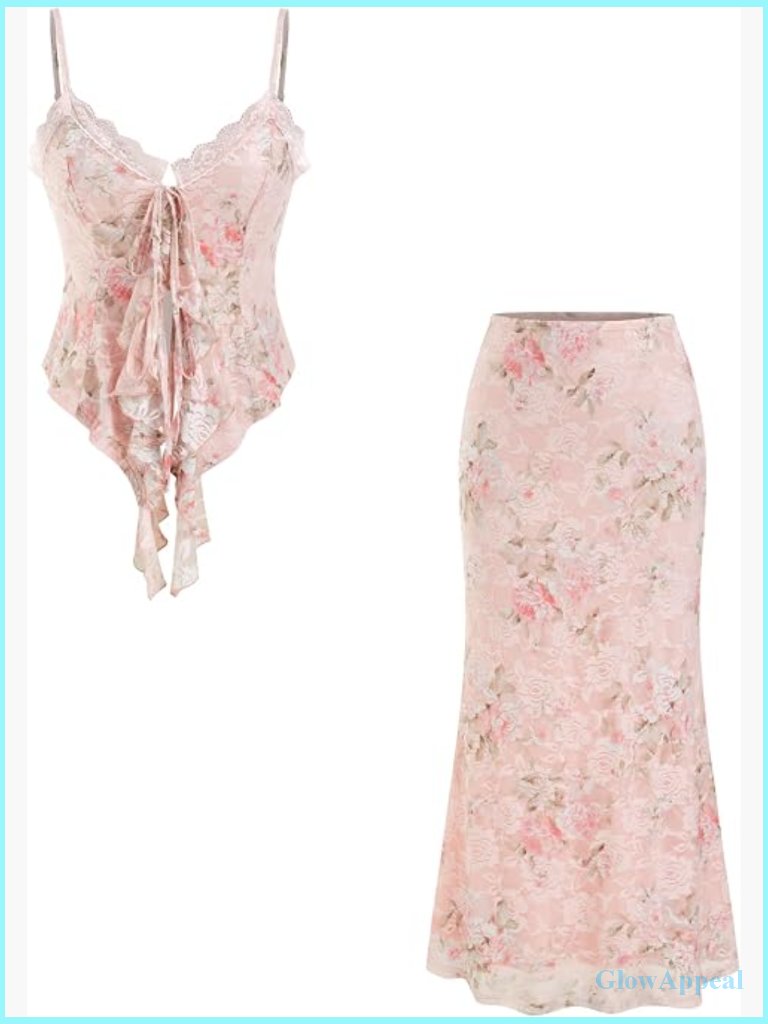 Two Piece Set Floral Lace Spaghetti Strap Tank Top Bodycon Midi Skirt Party